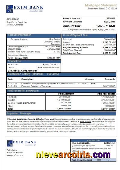 Comoros Exim bank mortgage statement